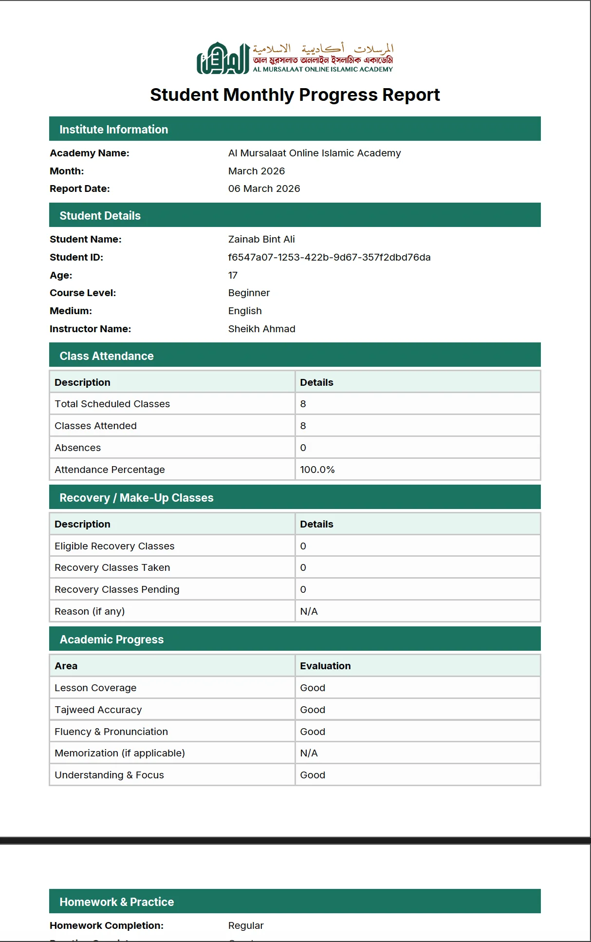 Al Mursalaat Student Performance Report Screenshot